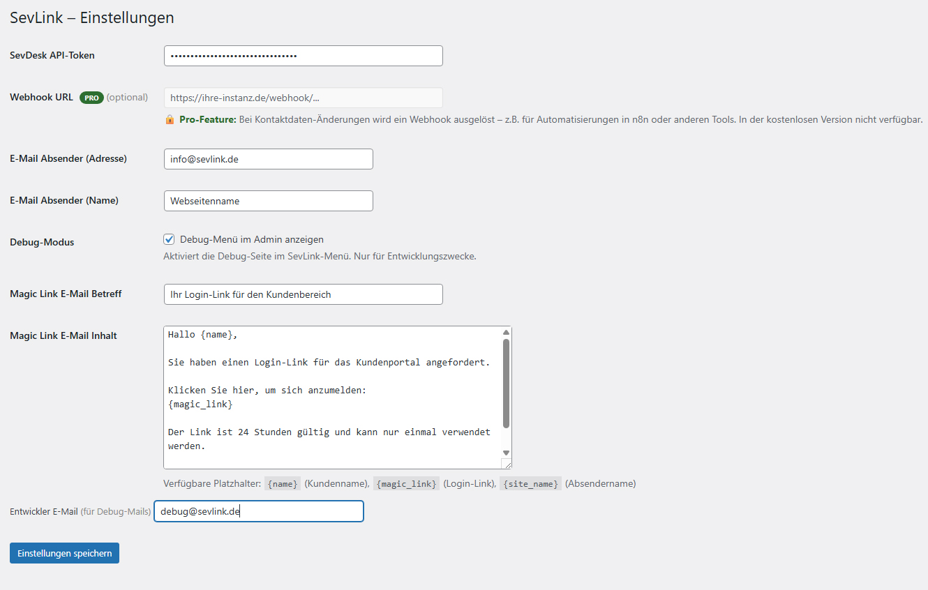 SevLink WordPress Plugin – Admin-Einstellungen mit sevDesk API-Konfiguration